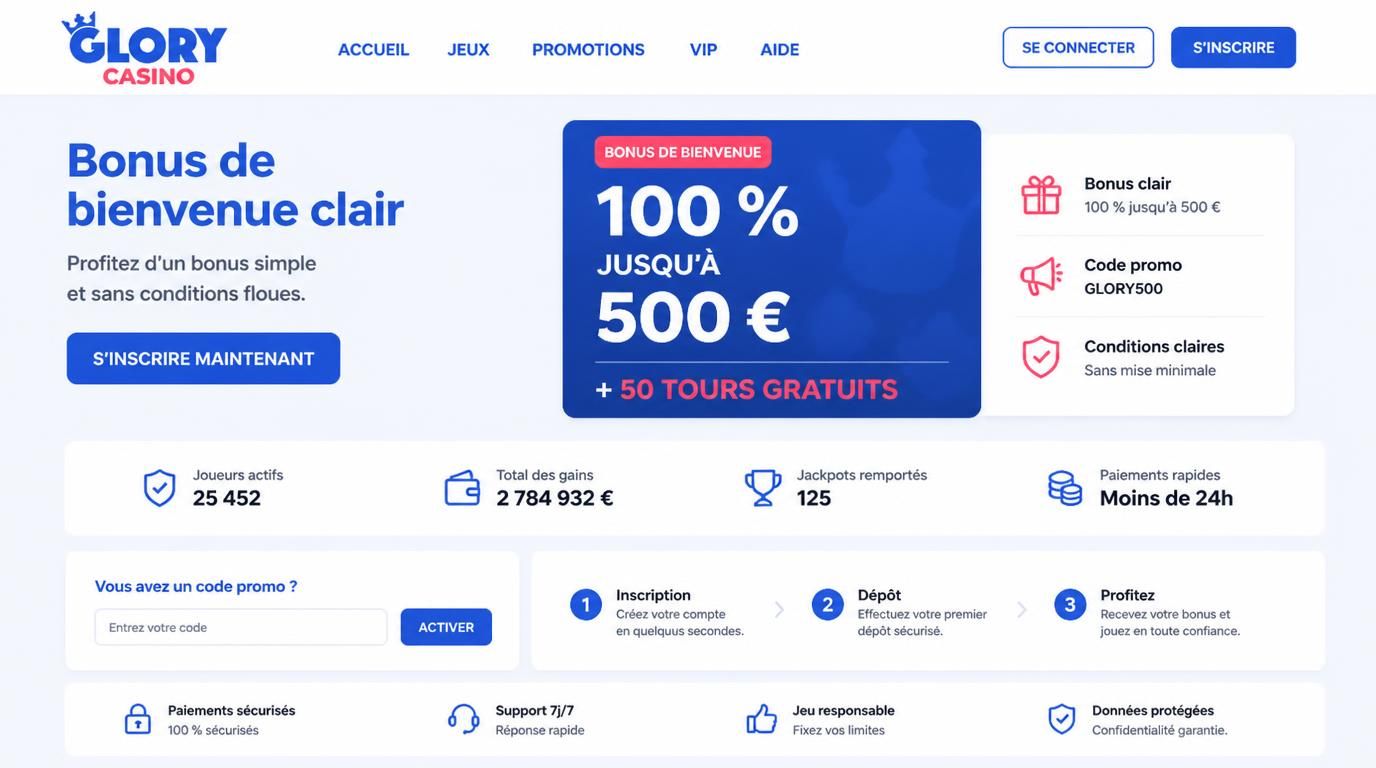 Bannière de bienvenue avec montant clairement indiqué