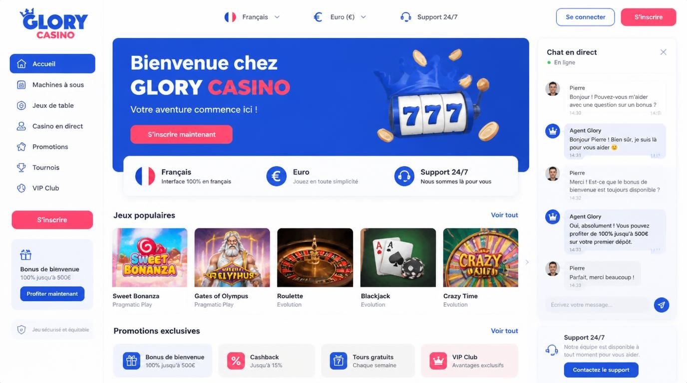 Interface en français avec devise euro et chat support